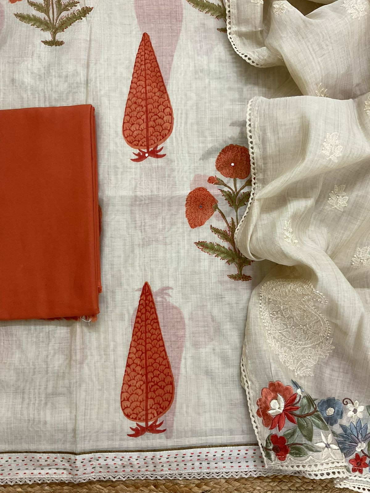 Soft Slub Chanderi Printed Embroidered Suit - Beige