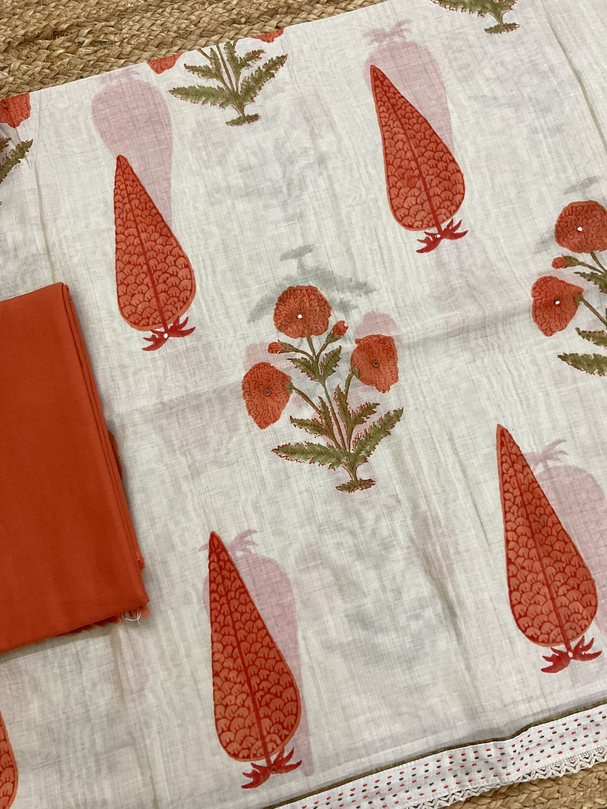 Soft Slub Chanderi Printed Embroidered Suit - Beige