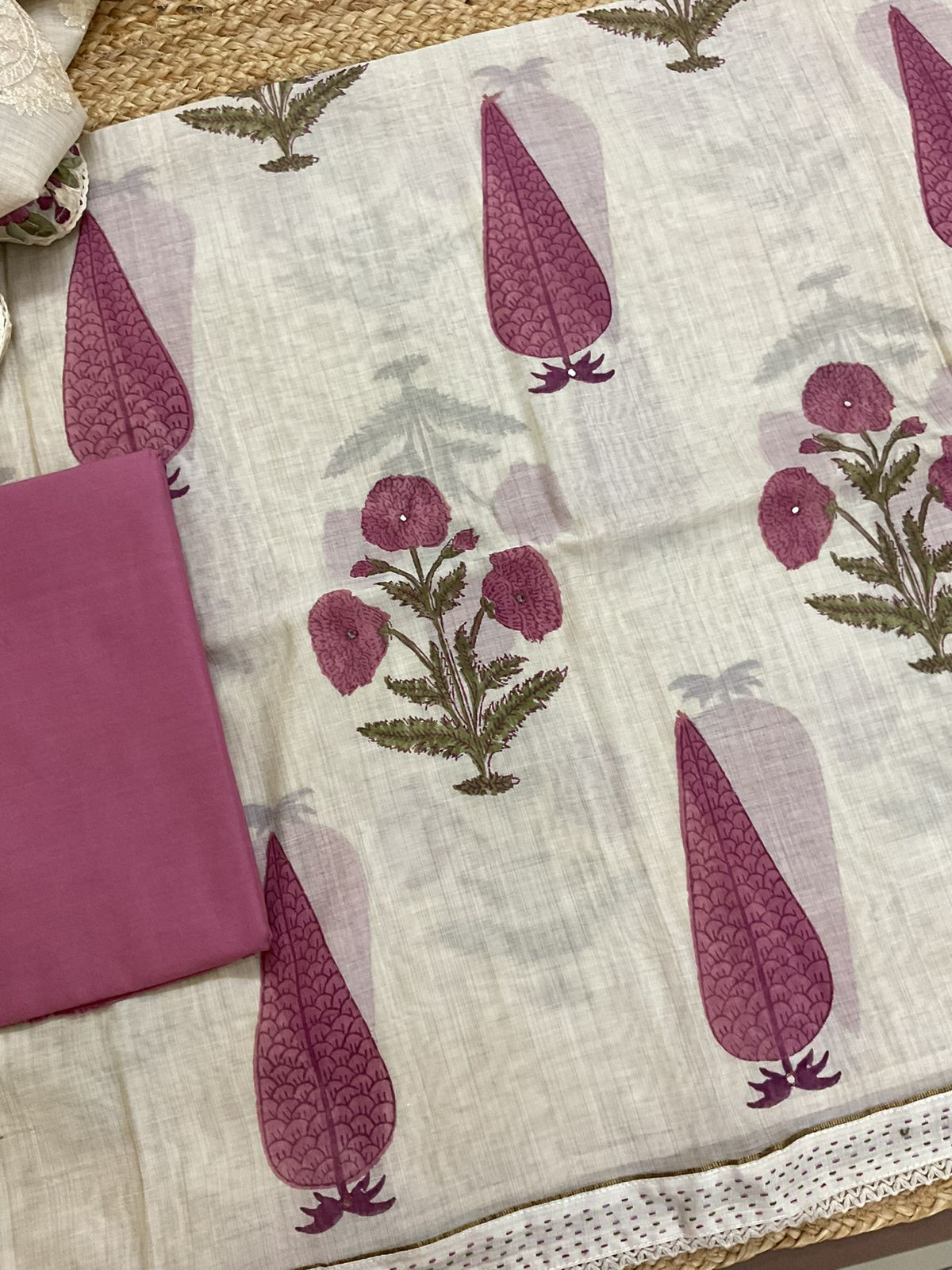 Soft Slub Chanderi Printed Embroidered Suit - Beige