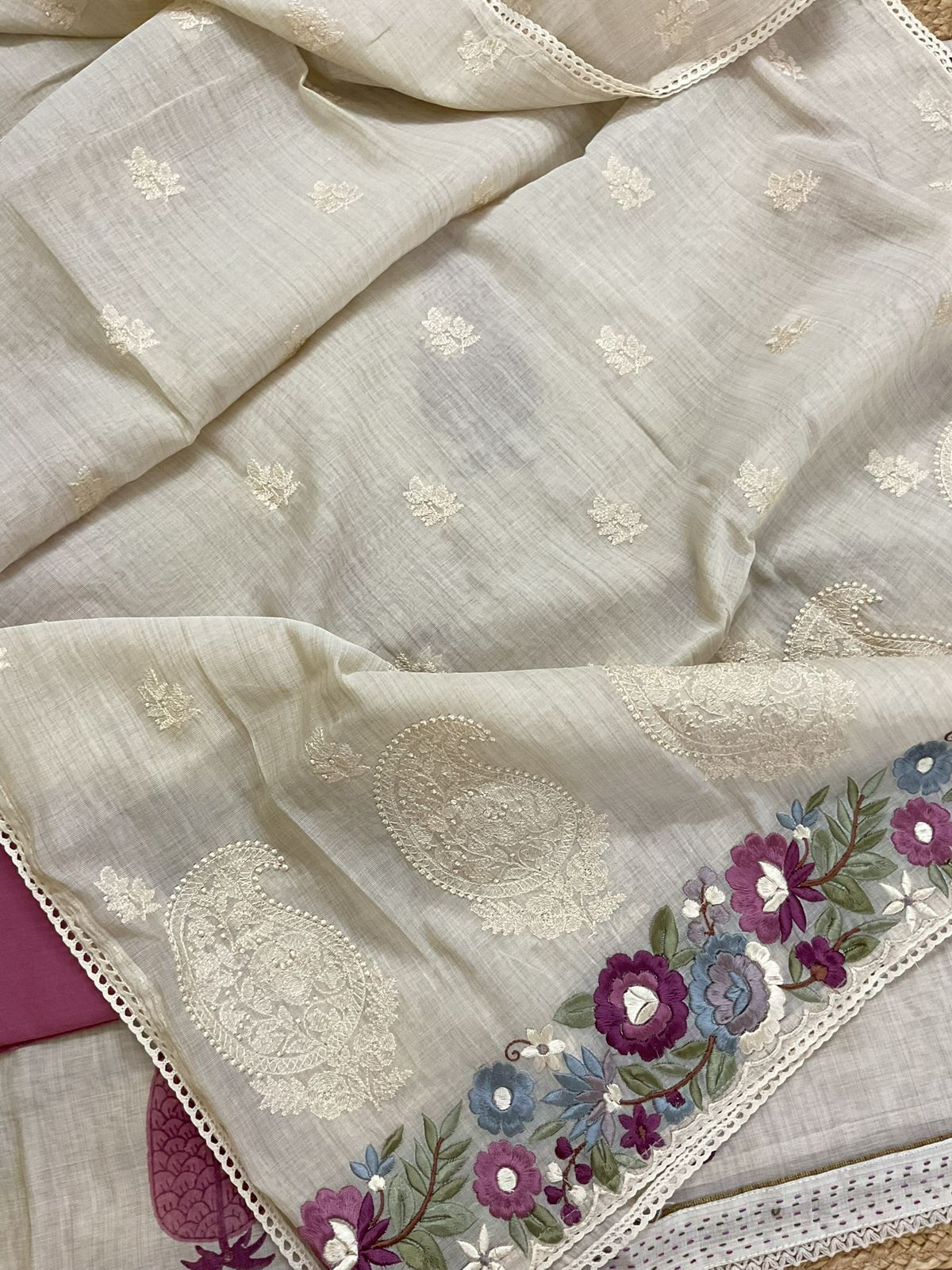 Soft Slub Chanderi Printed Embroidered Suit - Beige