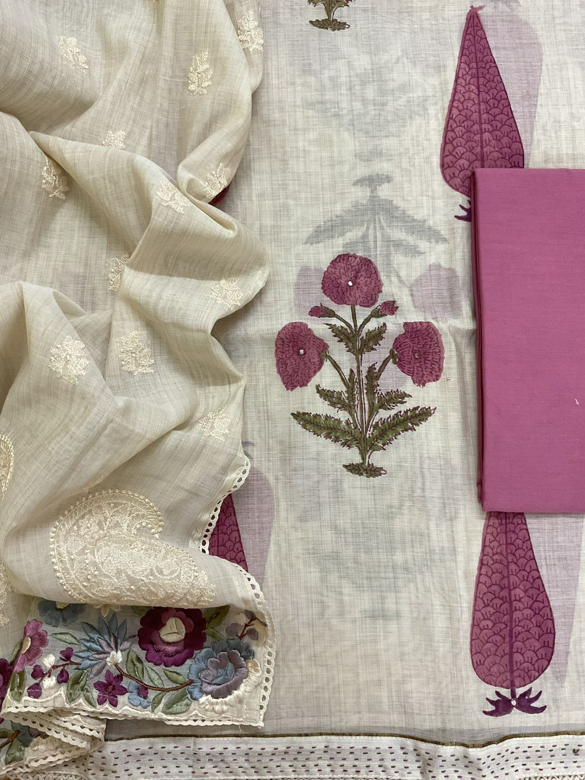 Soft Slub Chanderi Printed Embroidered Suit - Beige