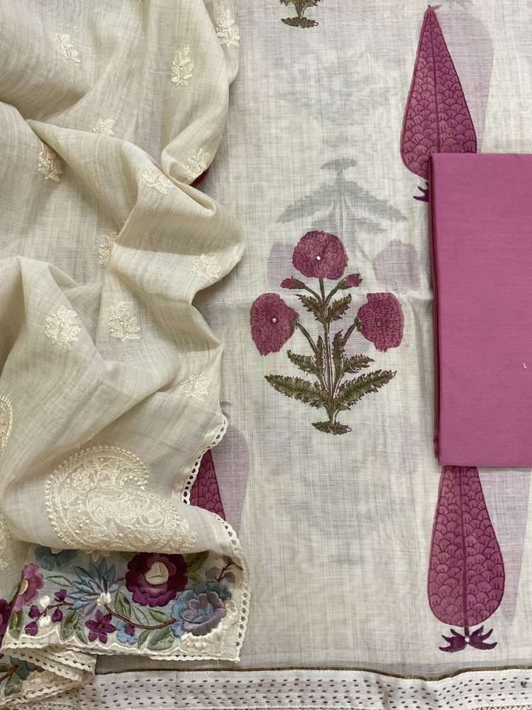 Image of Soft Slub Chanderi Printed Embroidered Suit - Beige