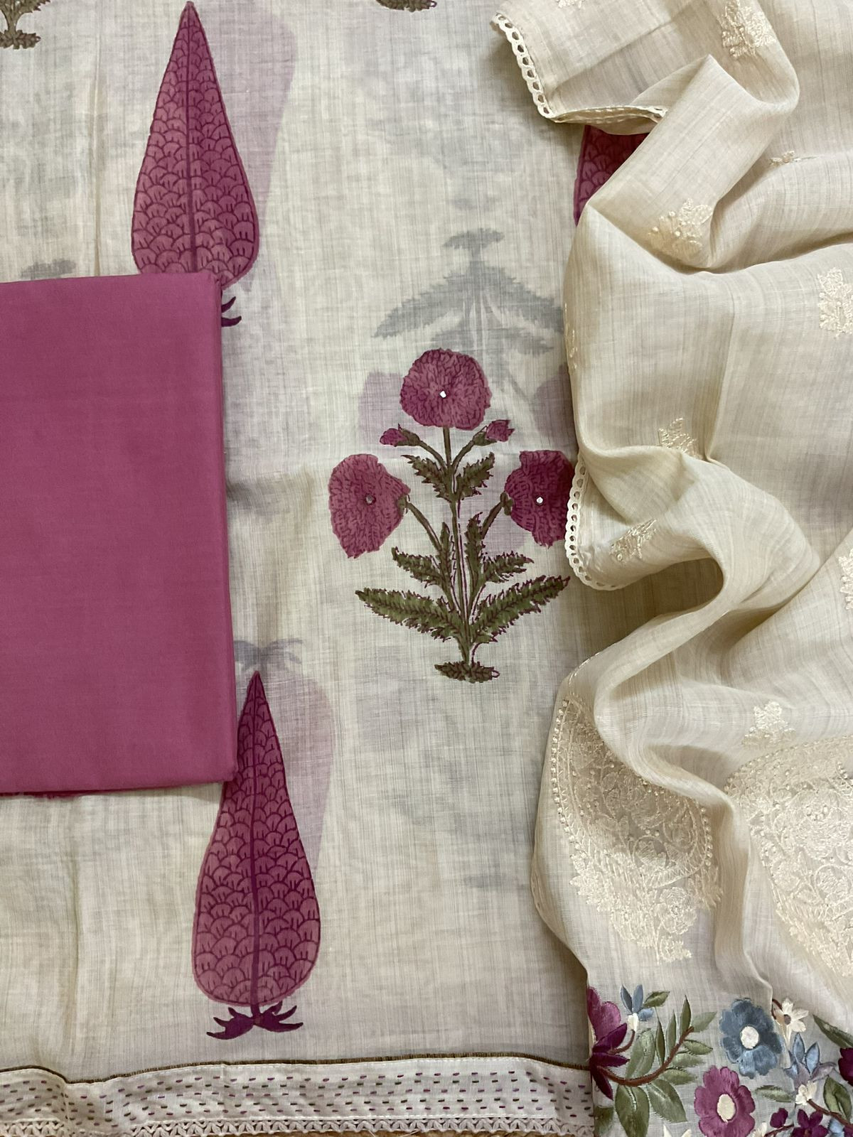 Soft Slub Chanderi Printed Embroidered Suit - Beige