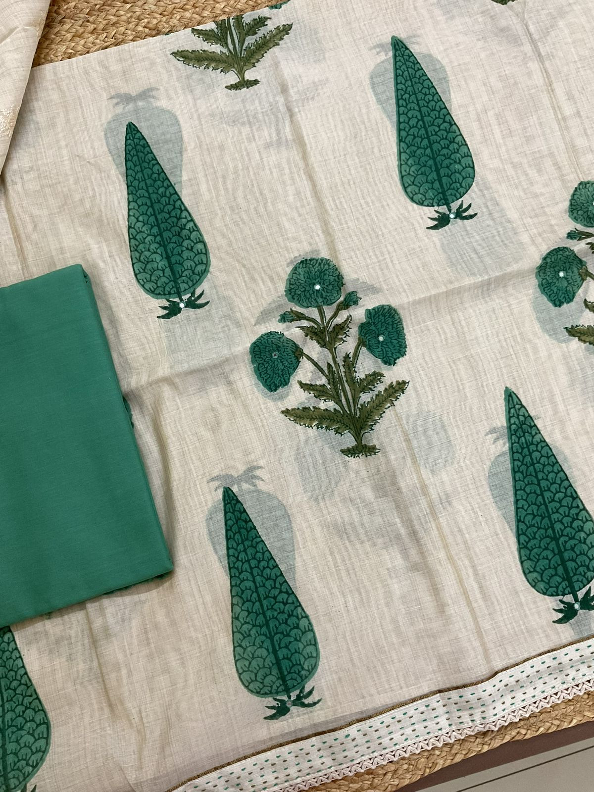 Soft Slub Chanderi Printed Embroidered Suit - Beige