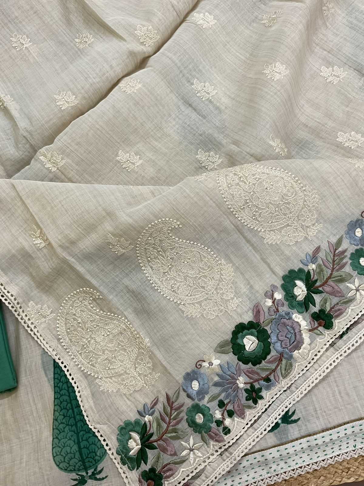 Soft Slub Chanderi Printed Embroidered Suit - Beige