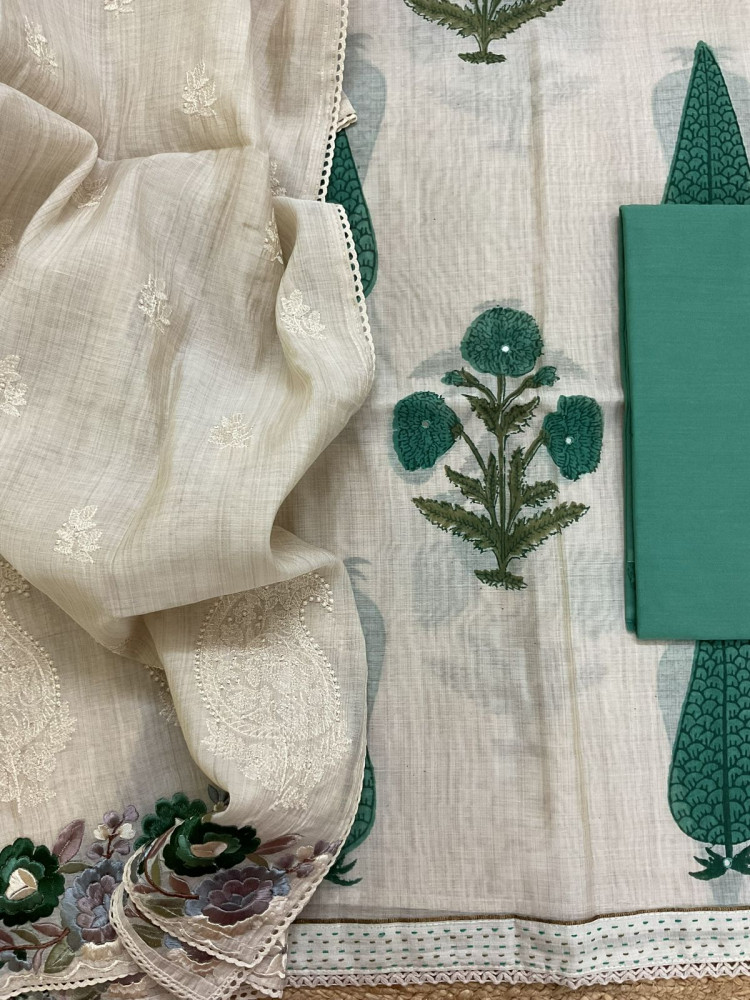 Image of Soft Slub Chanderi Printed Embroidered Suit - Beige