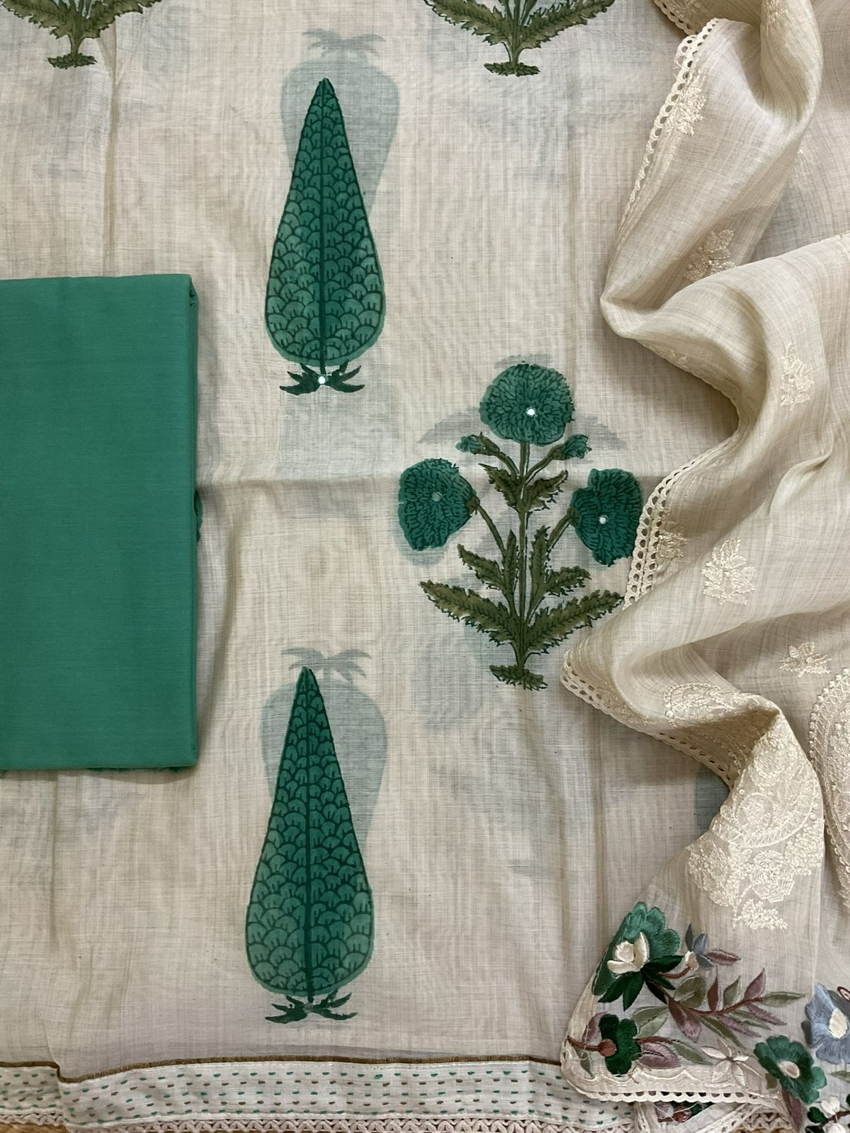 Soft Slub Chanderi Printed Embroidered Suit - Beige