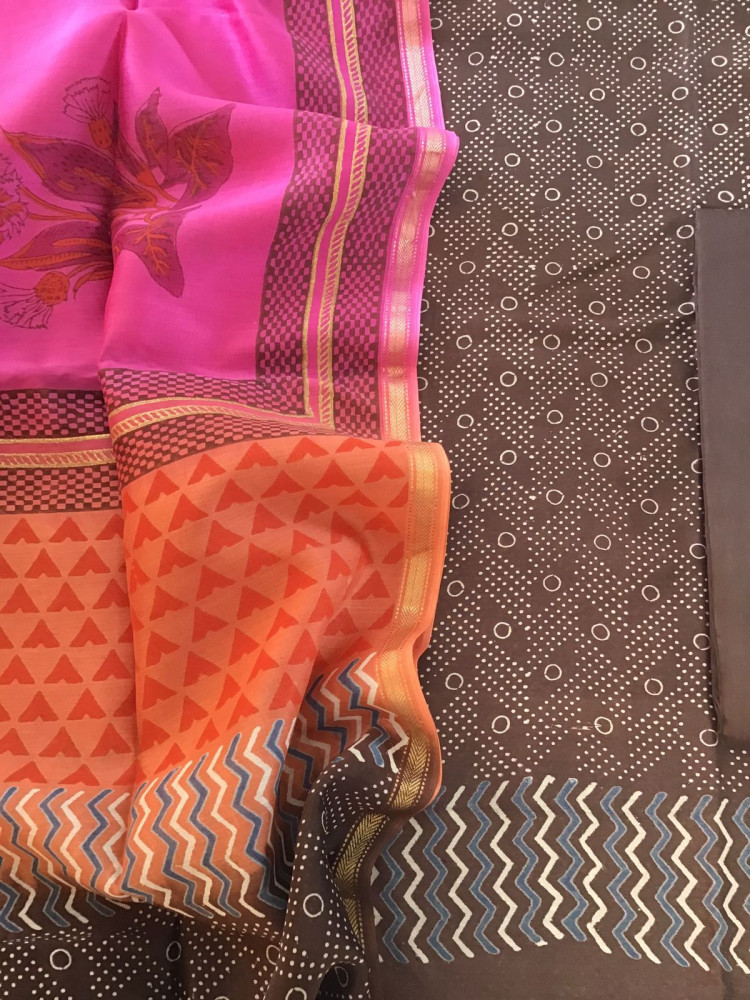 Image of Pure Maheshwari Silk Printed Suit - Brown