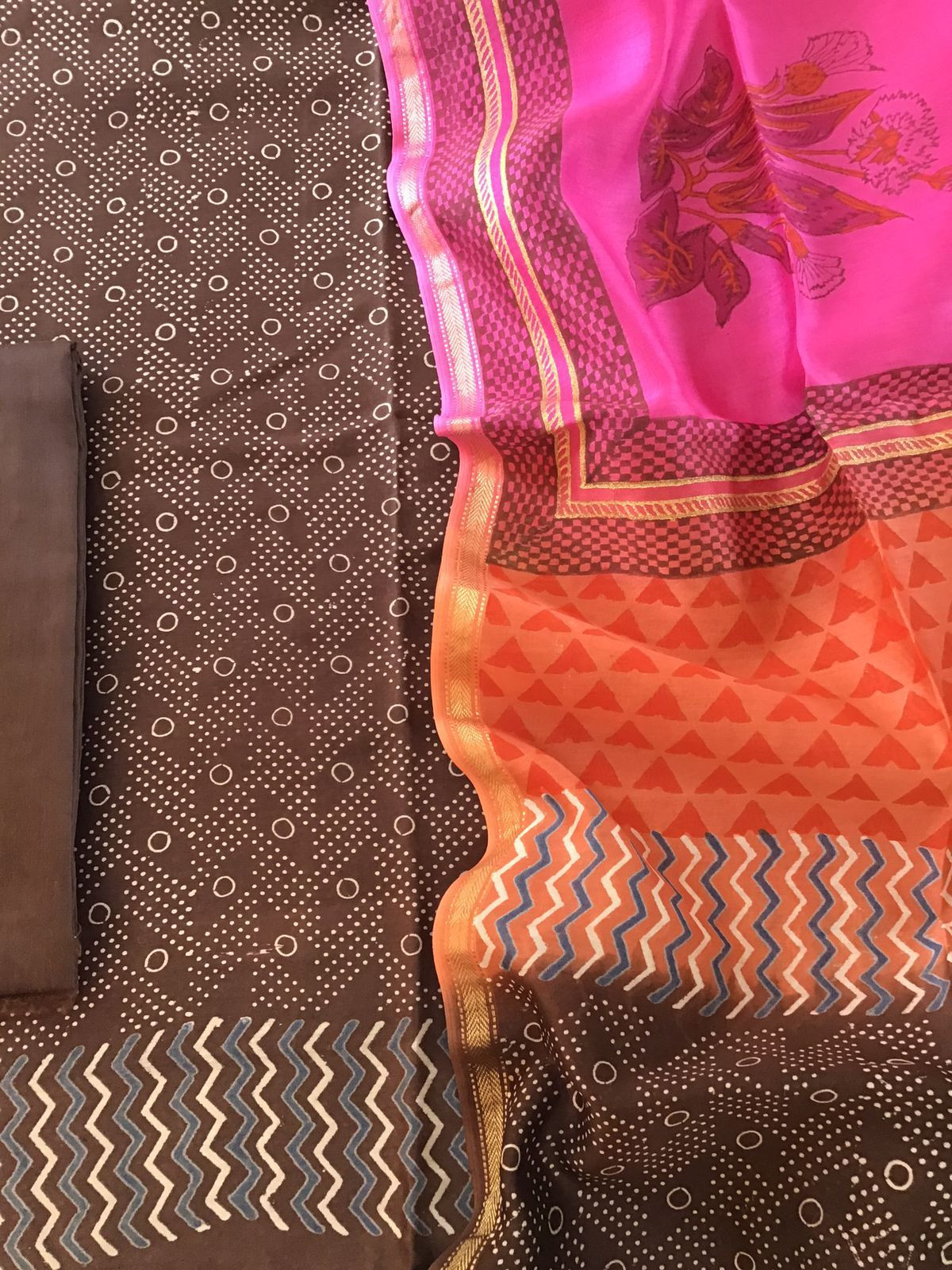 Pure Maheshwari Silk Printed Suit - Brown