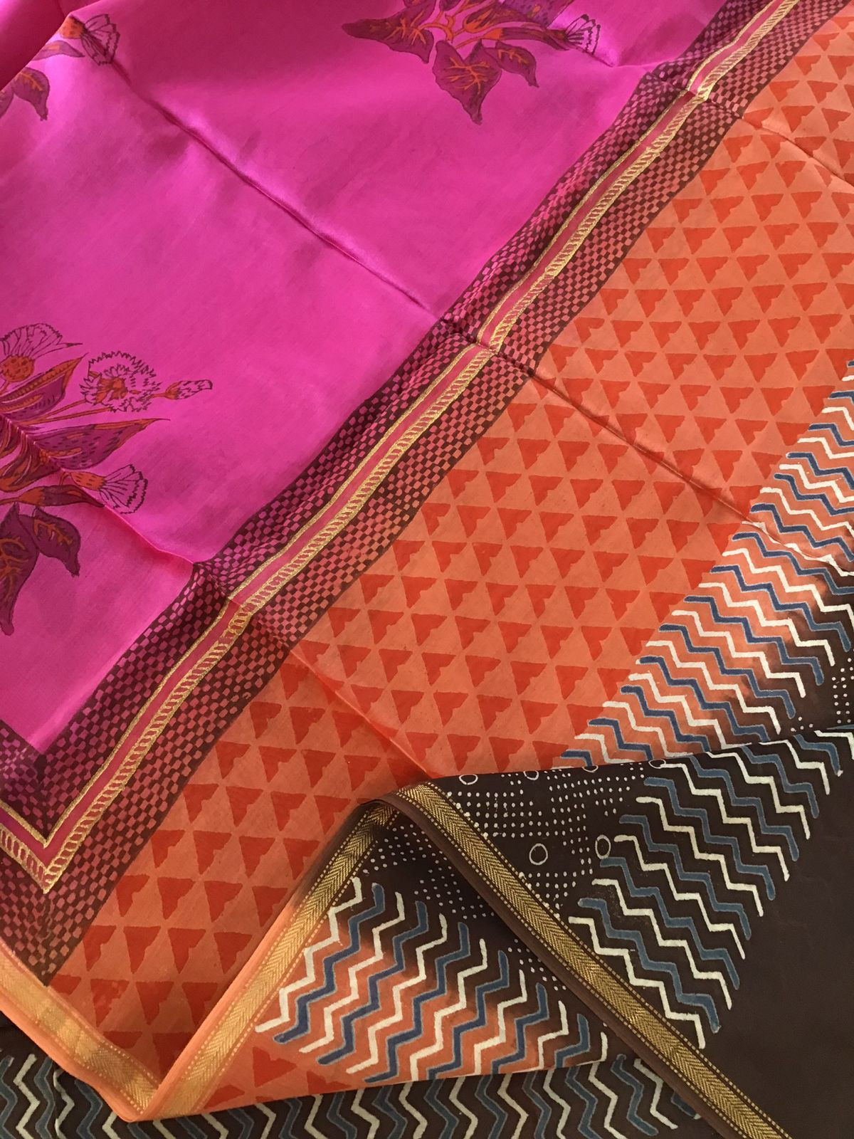 Pure Maheshwari Silk Printed Suit - Brown