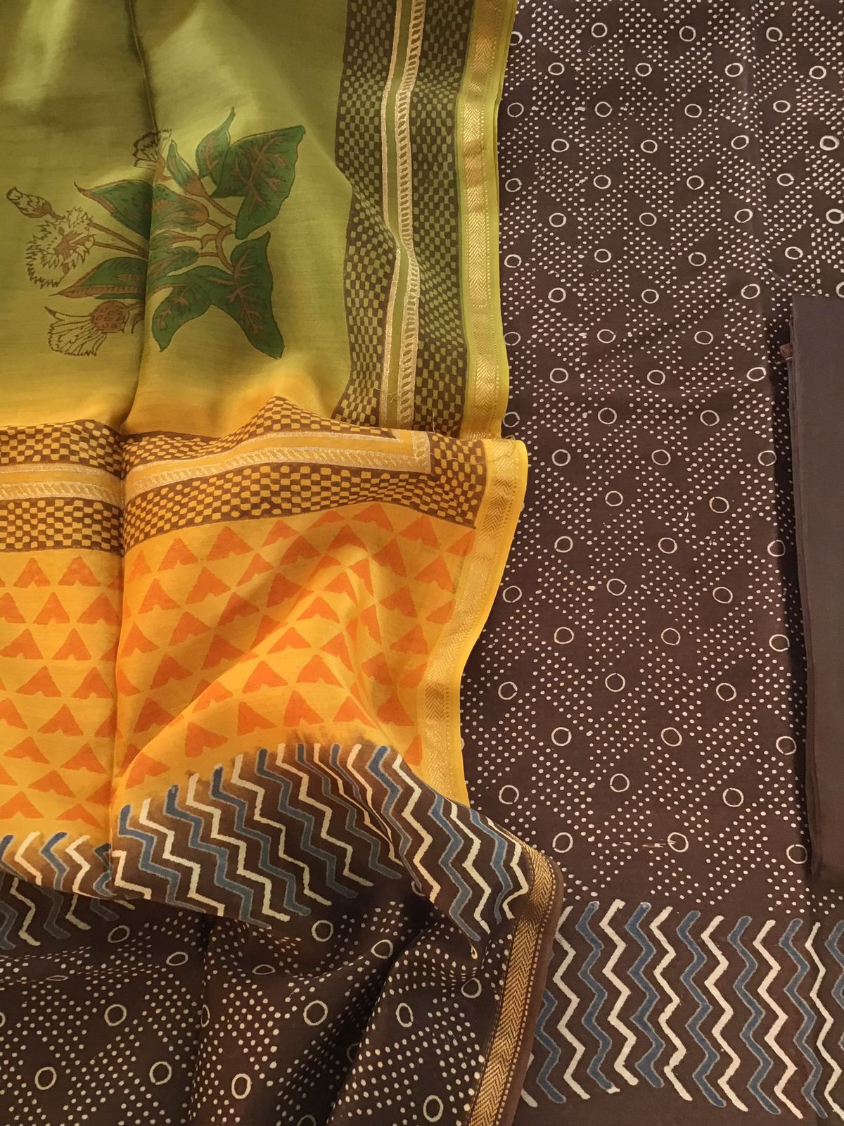 Pure Maheshwari Silk Printed Suit - Brown