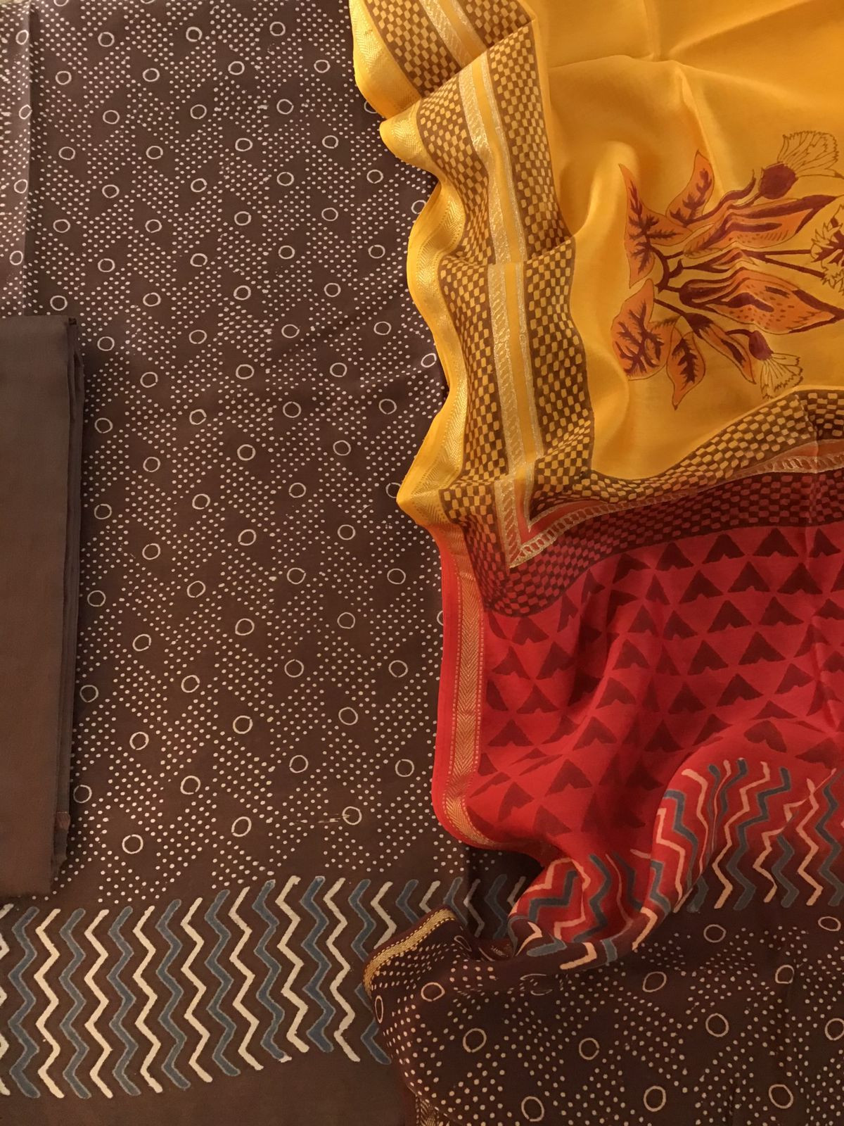 Pure Maheshwari Silk Printed Suit - Brown