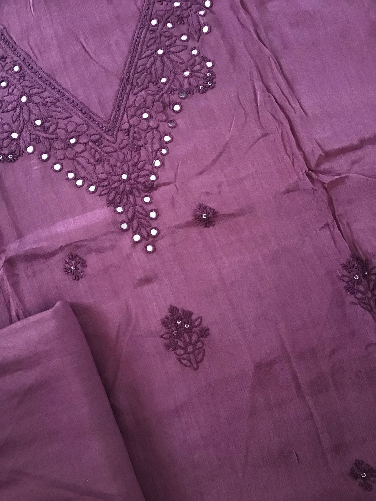 Pure Chinnon Silk Embroidered Suit - Wine