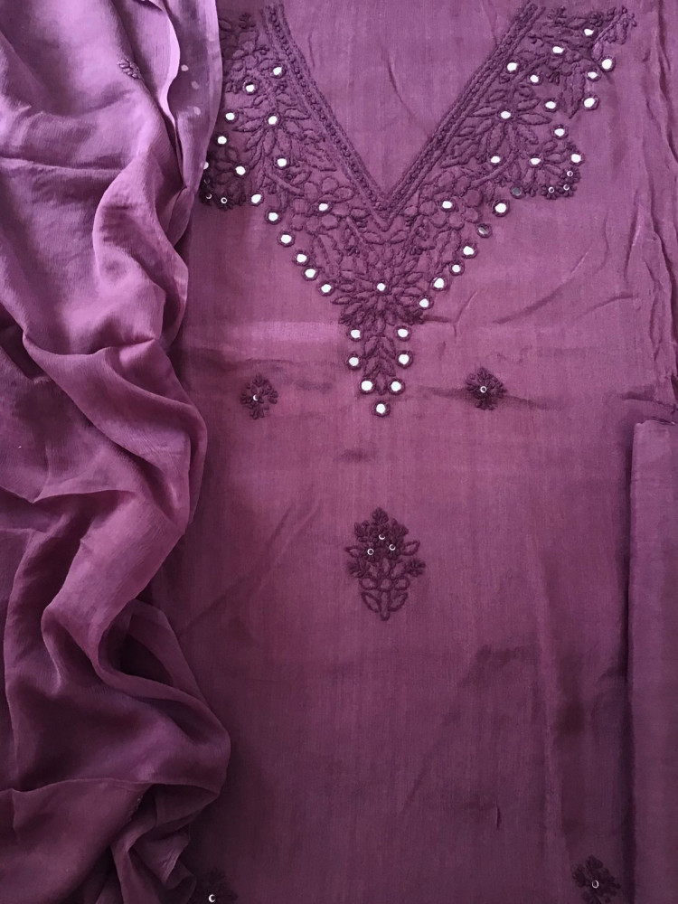 Image of Pure Chinnon Silk Embroidered Suit - Wine