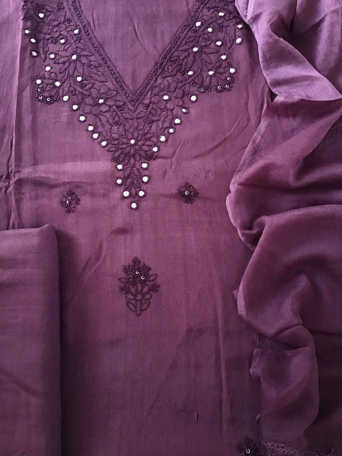 Pure Chinnon Silk Embroidered Suit - Wine