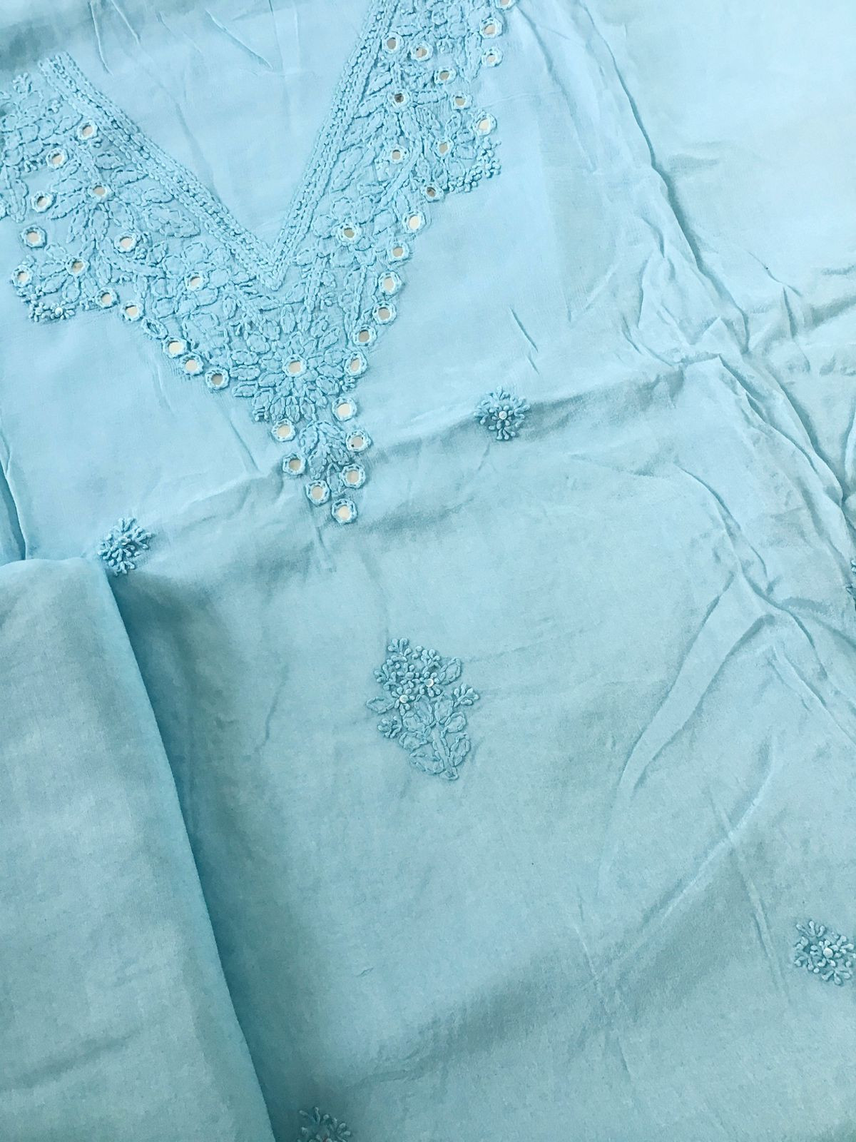 Pure Chinnon Silk Embroidered Suit - Blue