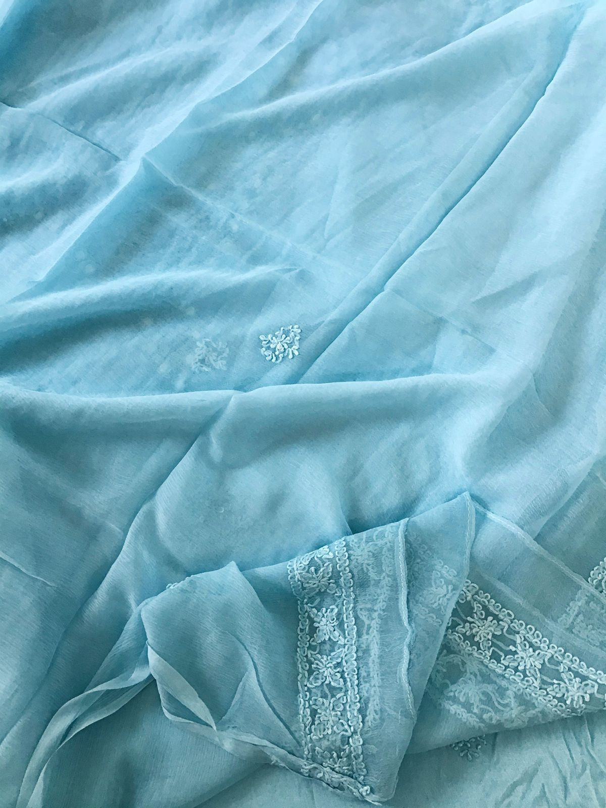 Pure Chinnon Silk Embroidered Suit - Blue