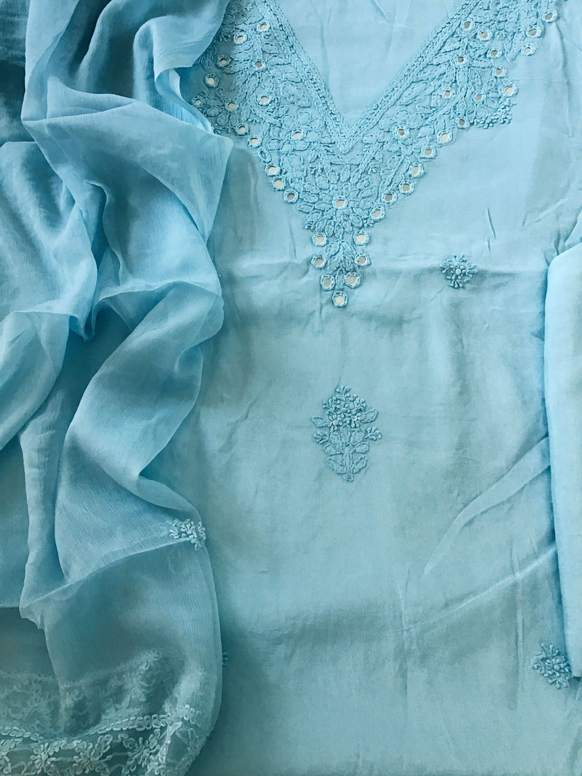 Pure Chinnon Silk Embroidered Suit - Blue