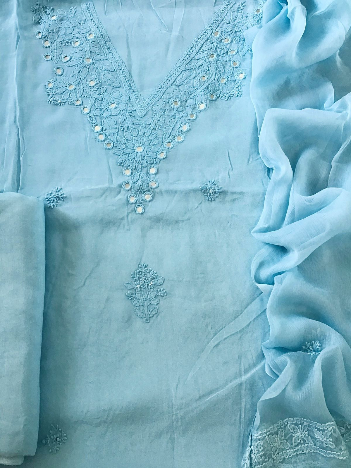 Pure Chinnon Silk Embroidered Suit - Blue