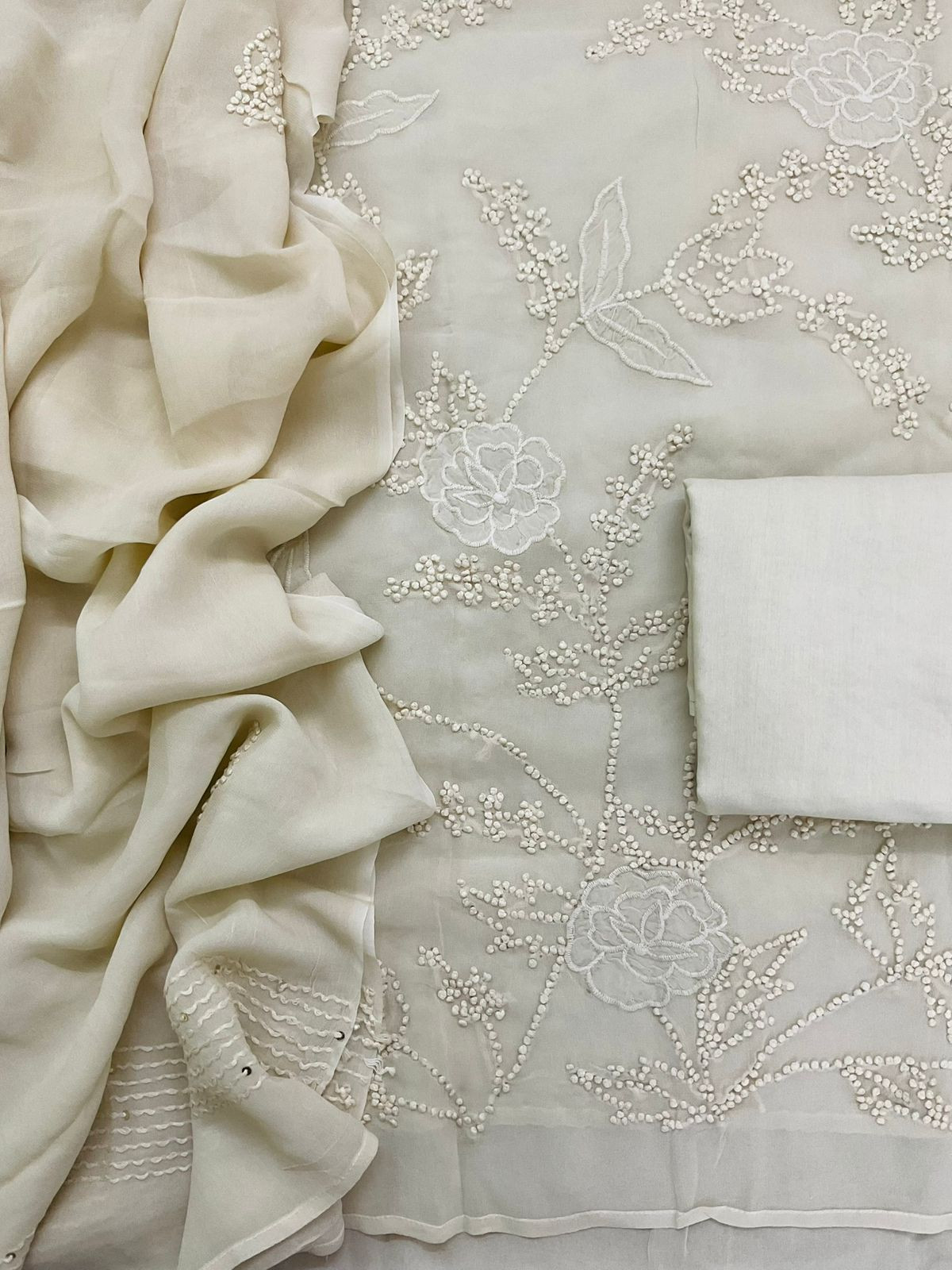 Pure Georgette Embroidered Suit - Offwhite