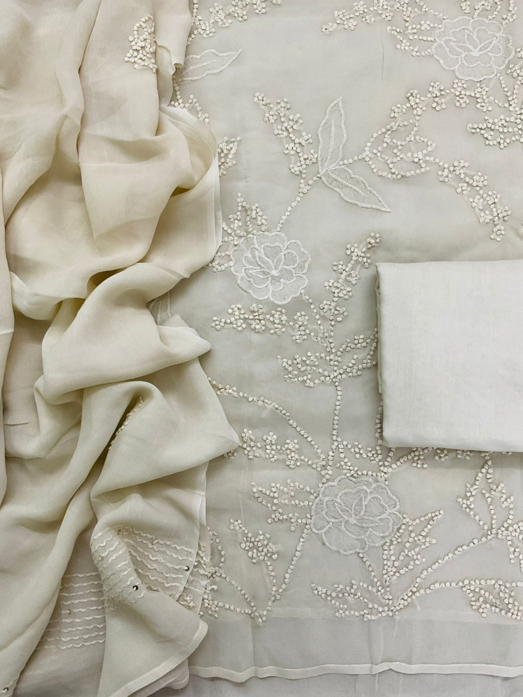 Image of Pure Georgette Embroidered Suit - Offwhite