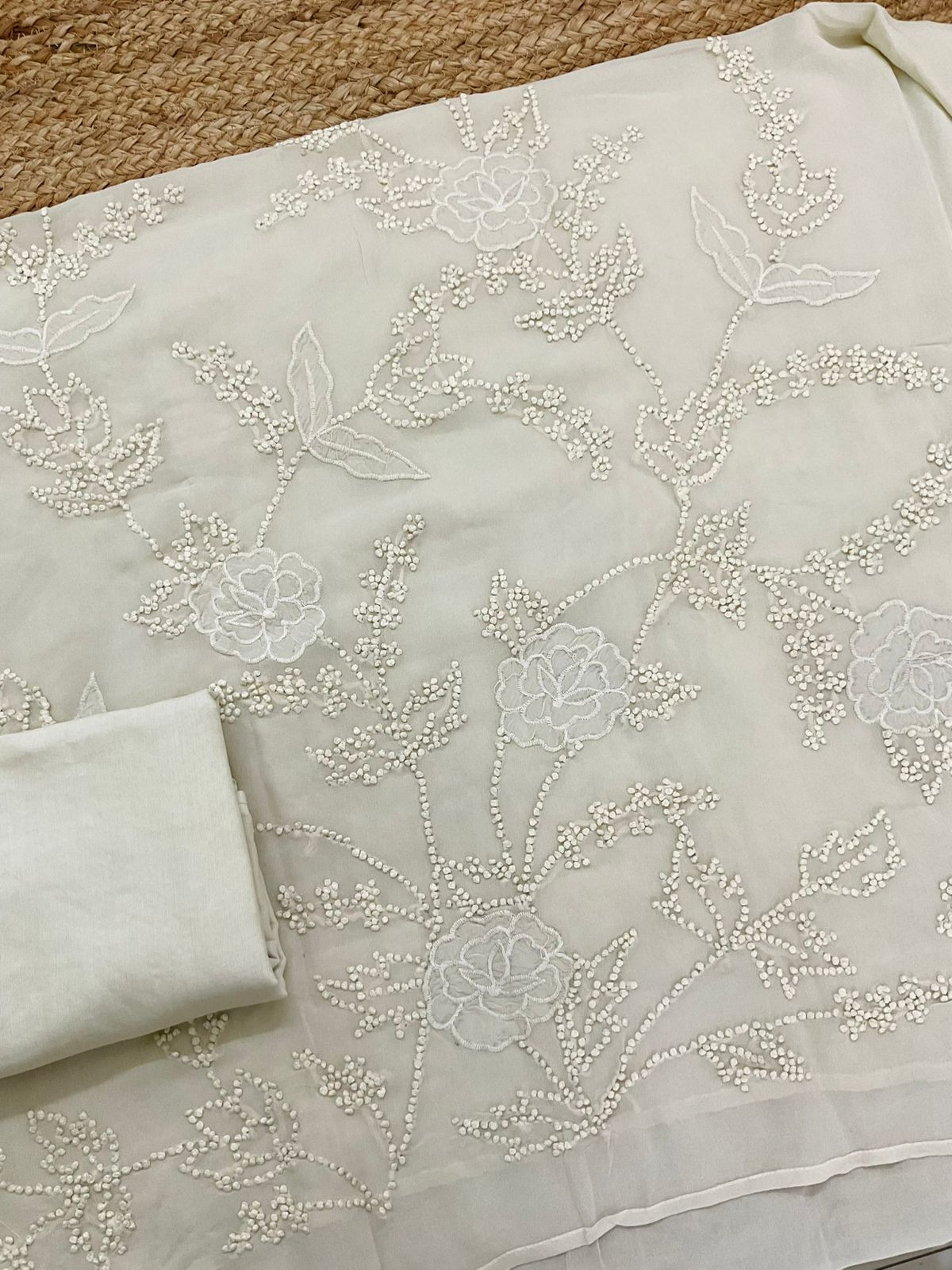 Pure Georgette Embroidered Suit - Offwhite