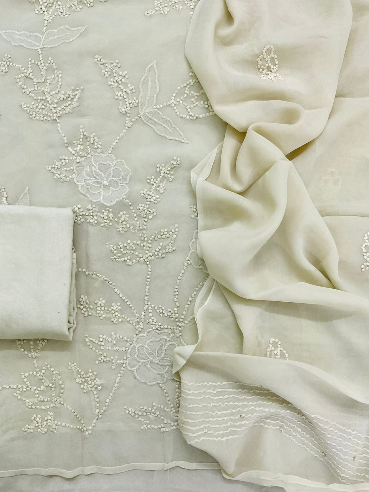 Pure Georgette Embroidered Suit - Offwhite