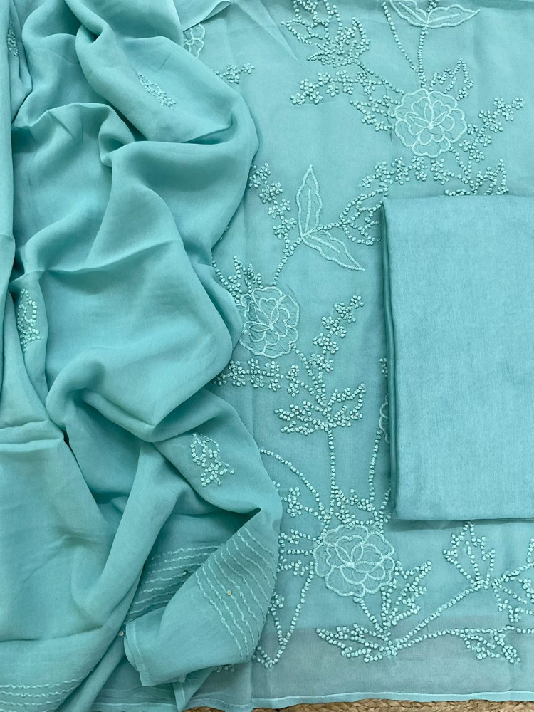 Image of Pure Georgette Embroidered Suit - Blue