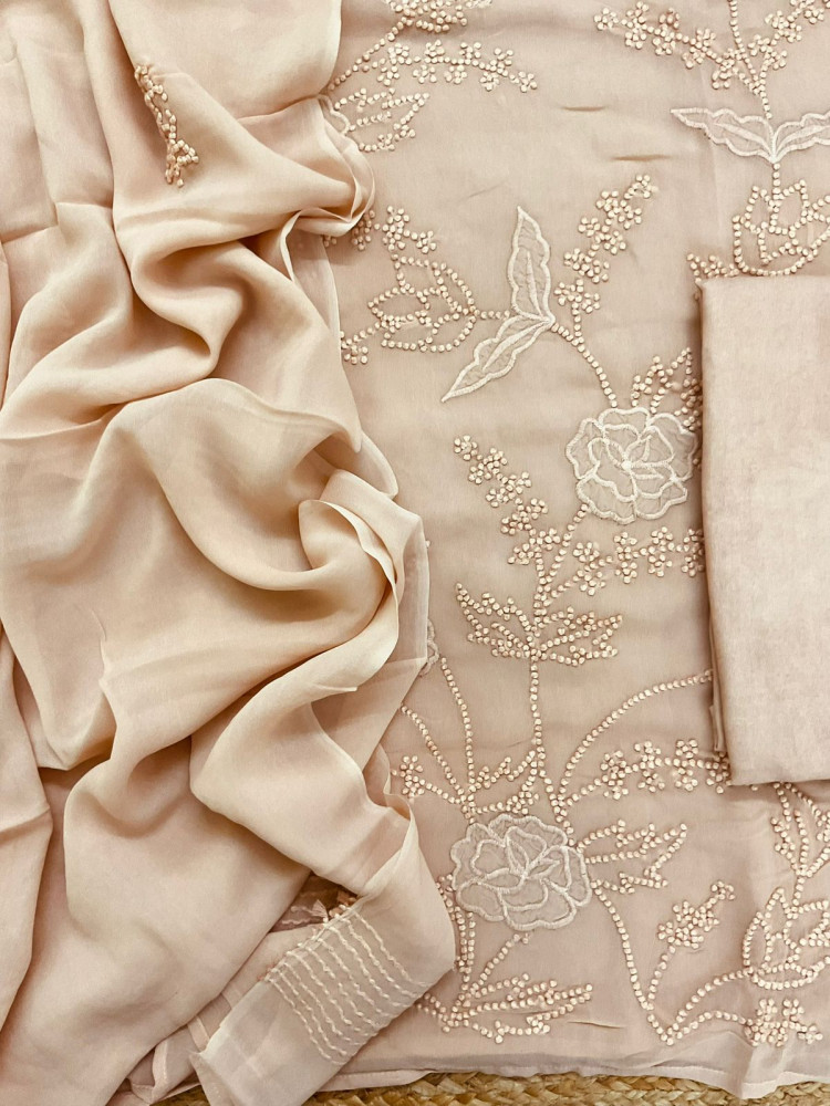 Image of Pure Georgette Embroidered Suit - Peach