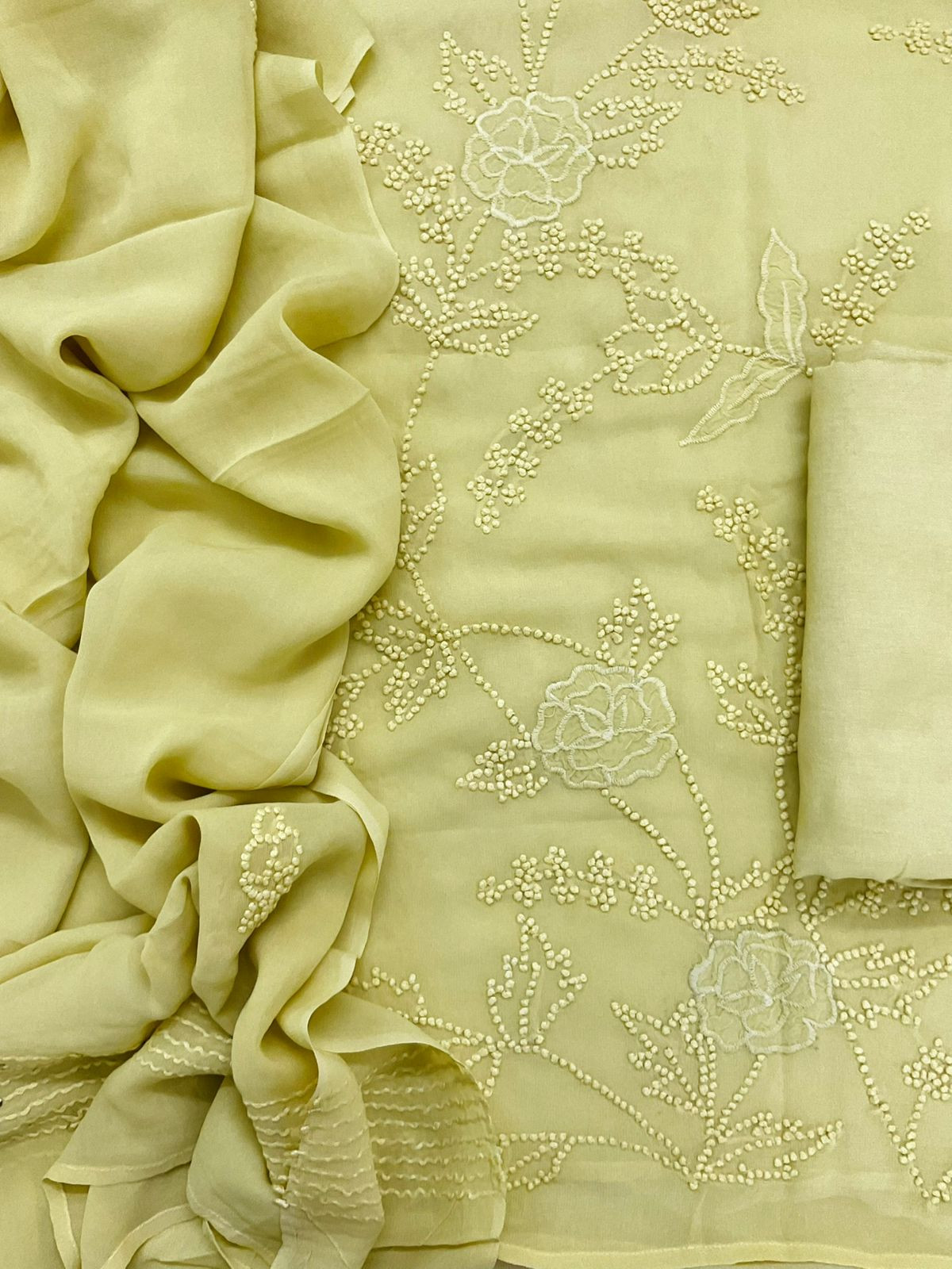 Pure Georgette Embroidered Suit - Yellow