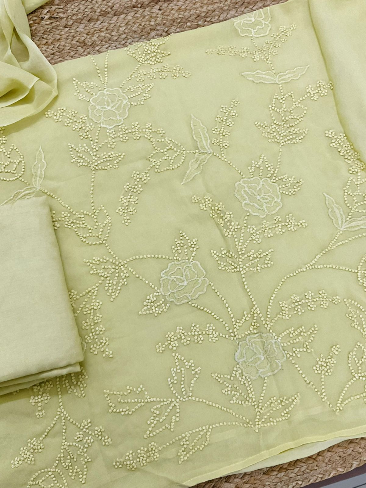 Pure Georgette Embroidered Suit - Yellow