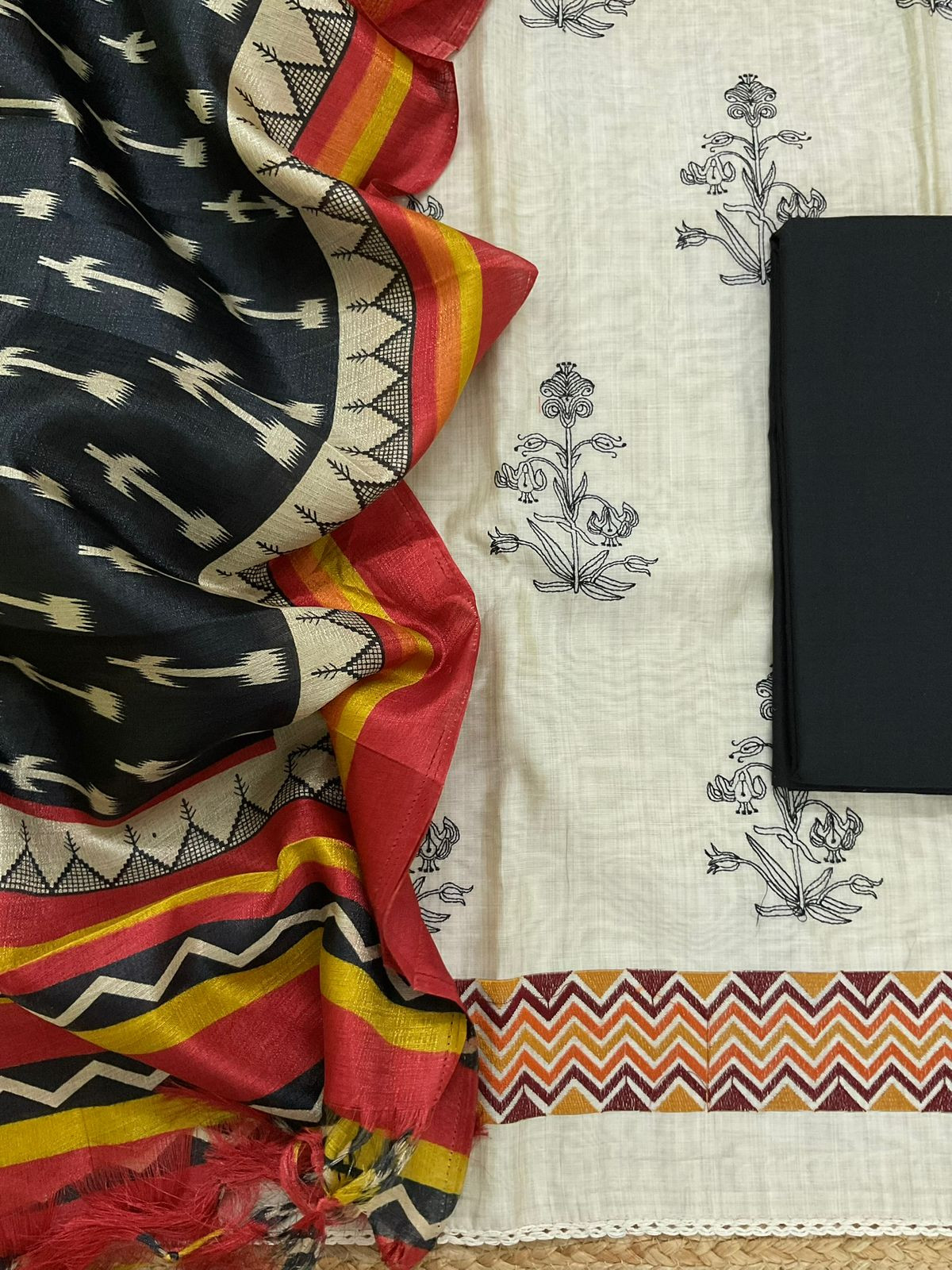 Soft Slub Chanderi Printed Embellish Suit - Beige