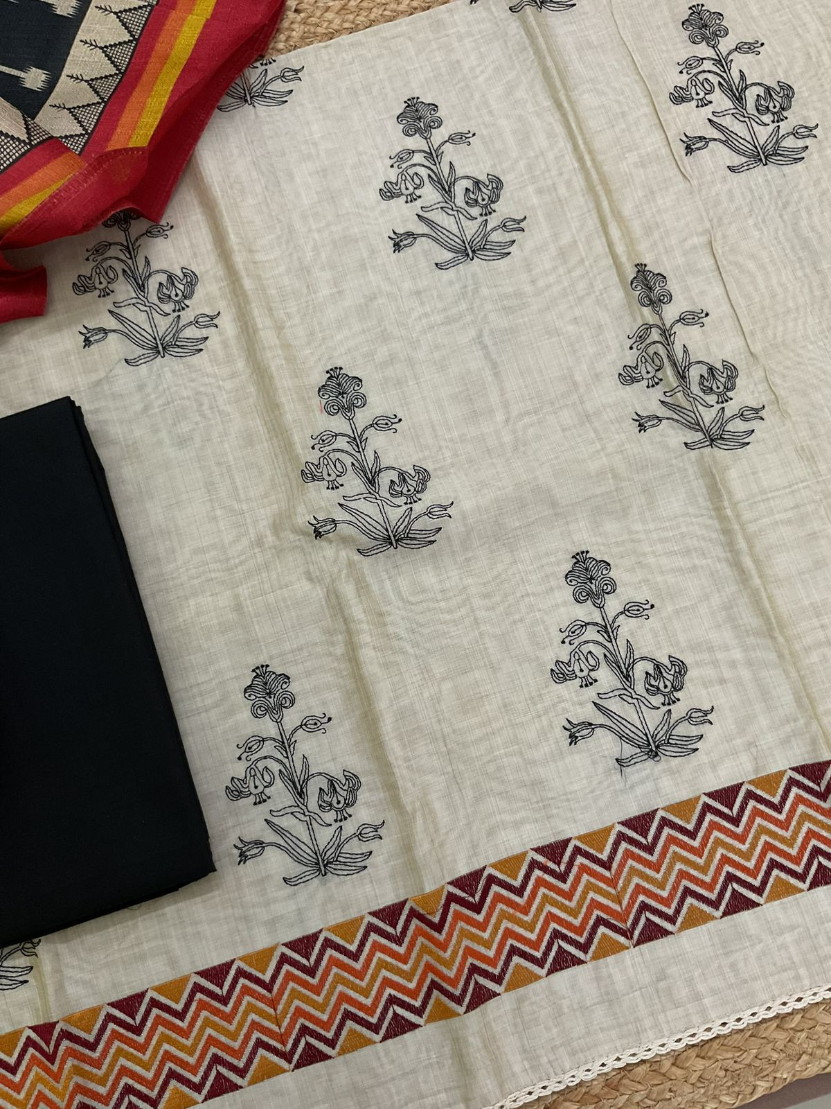 Soft Slub Chanderi Printed Embellish Suit - Beige