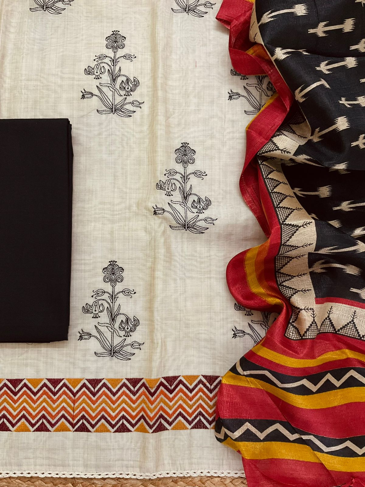 Soft Slub Chanderi Printed Embellish Suit - Beige