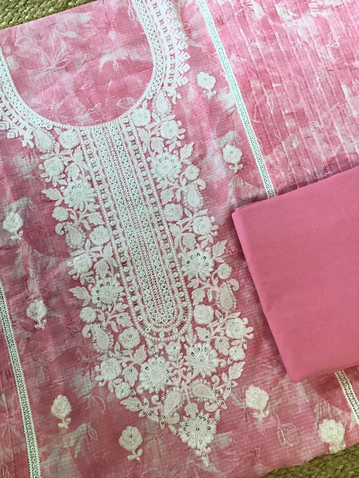 Pure Kota Cotton Printed Embroidered Suit - Pink