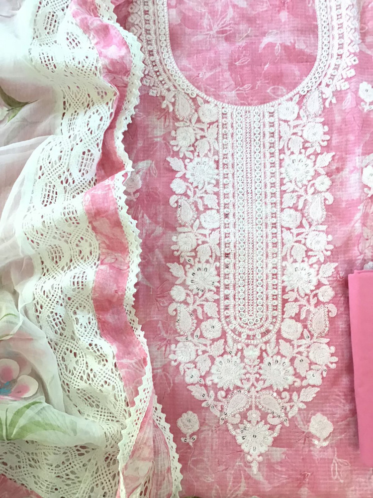 Image of Pure Kota Cotton Printed Embroidered Suit - Pink