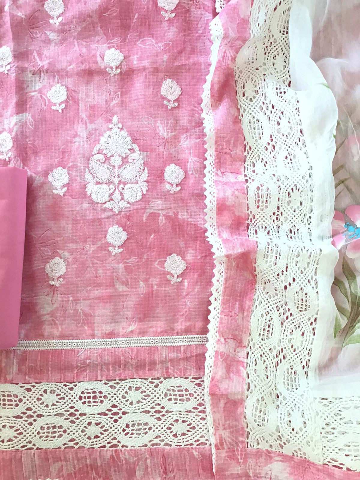 Pure Kota Cotton Printed Embroidered Suit - Pink
