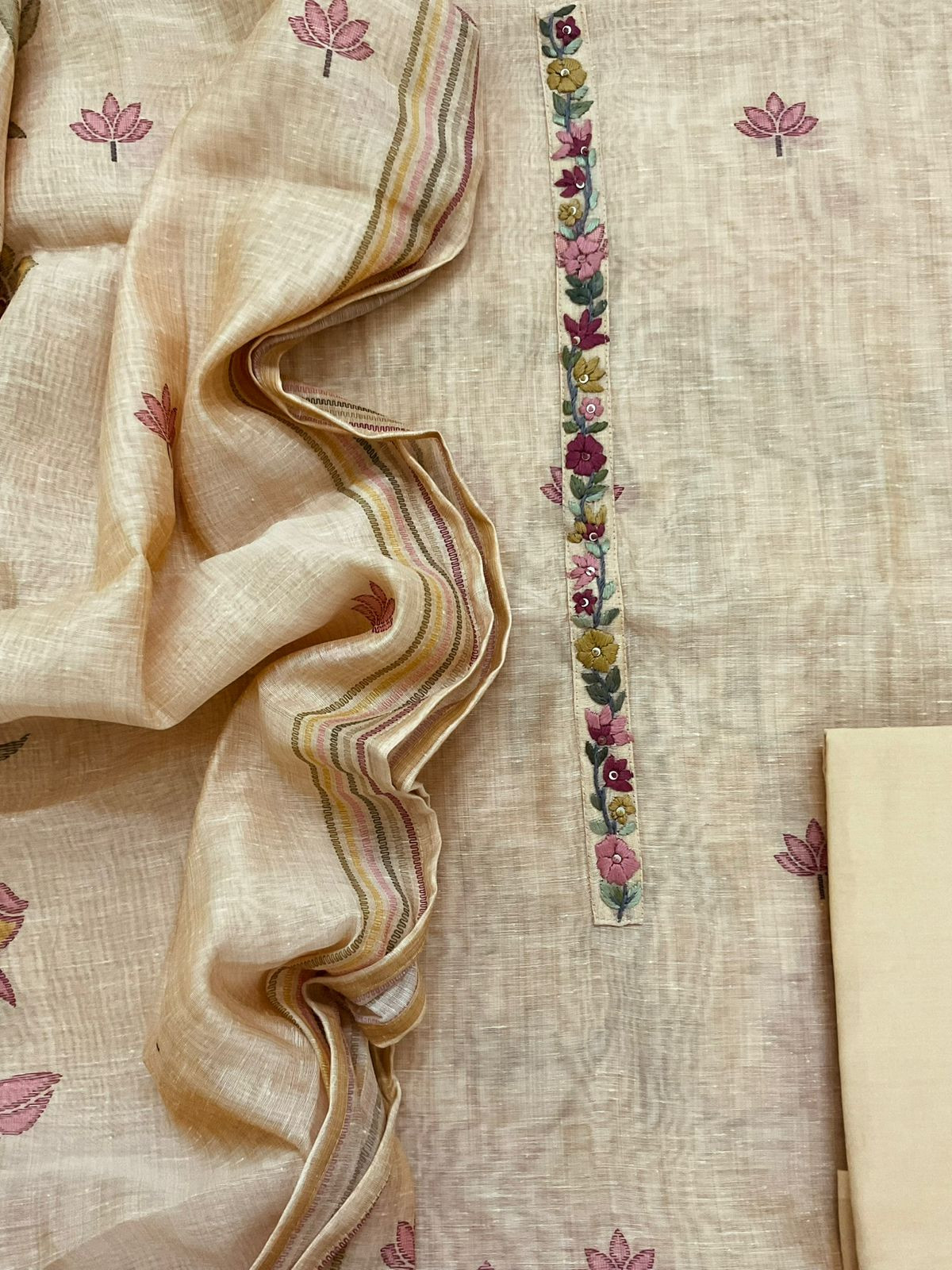 Soft Slub Chanderi Printed Embroidered Suit - Beige