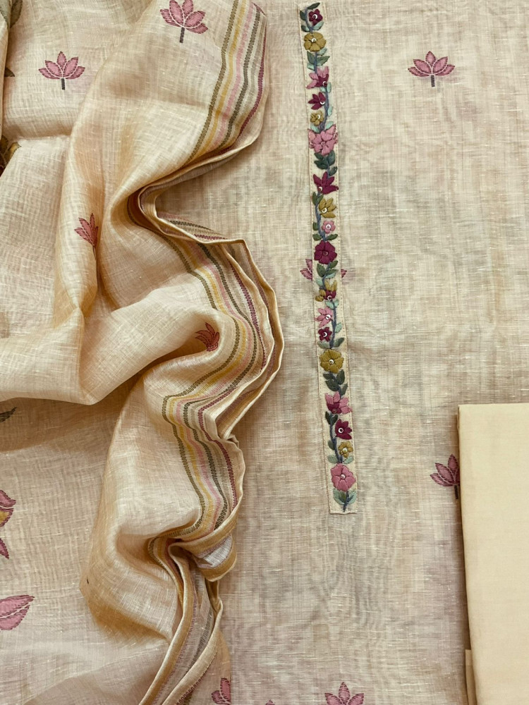 Image of Soft Slub Chanderi Printed Embroidered Suit - Beige