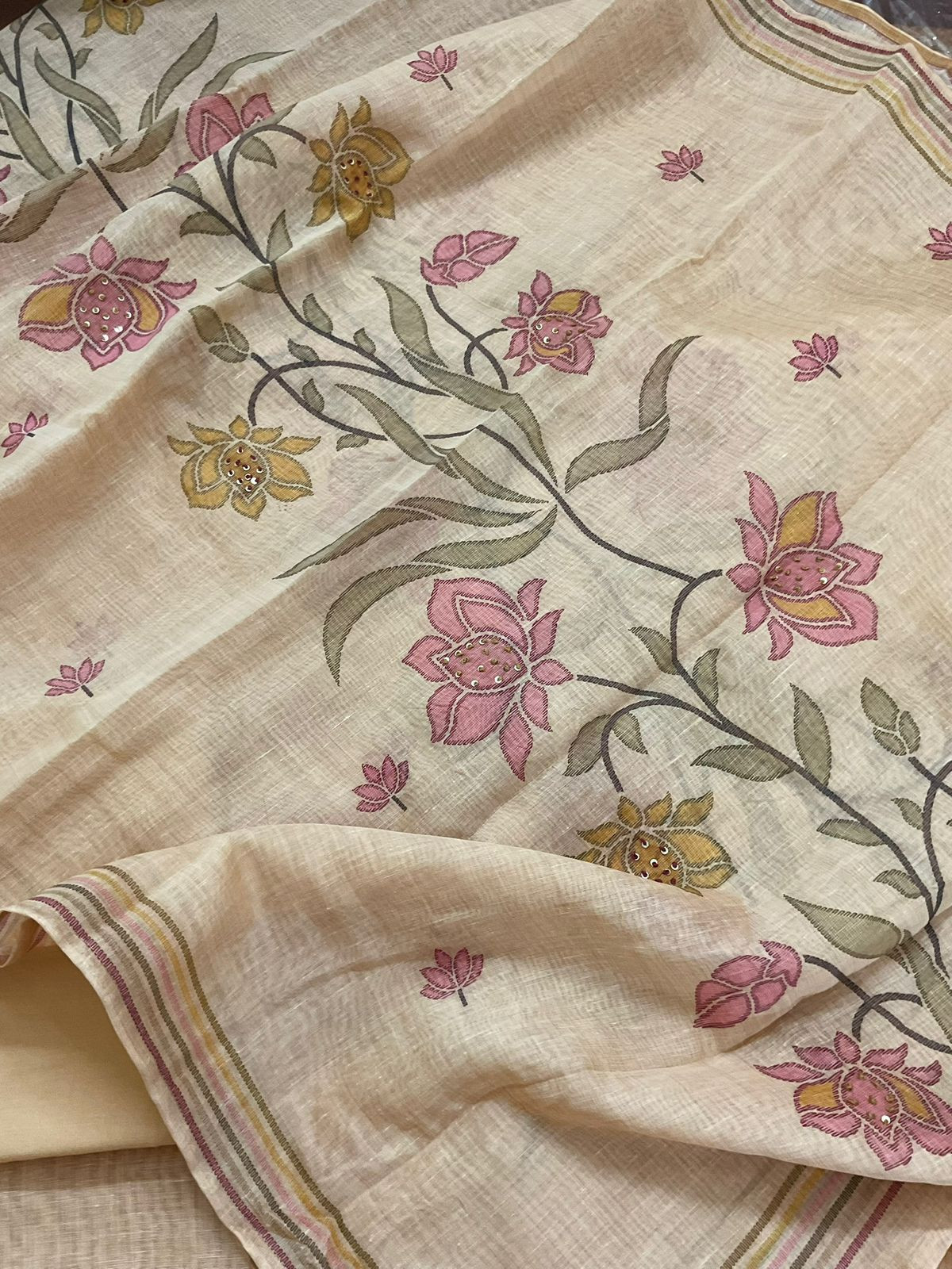 Soft Slub Chanderi Printed Embroidered Suit - Beige