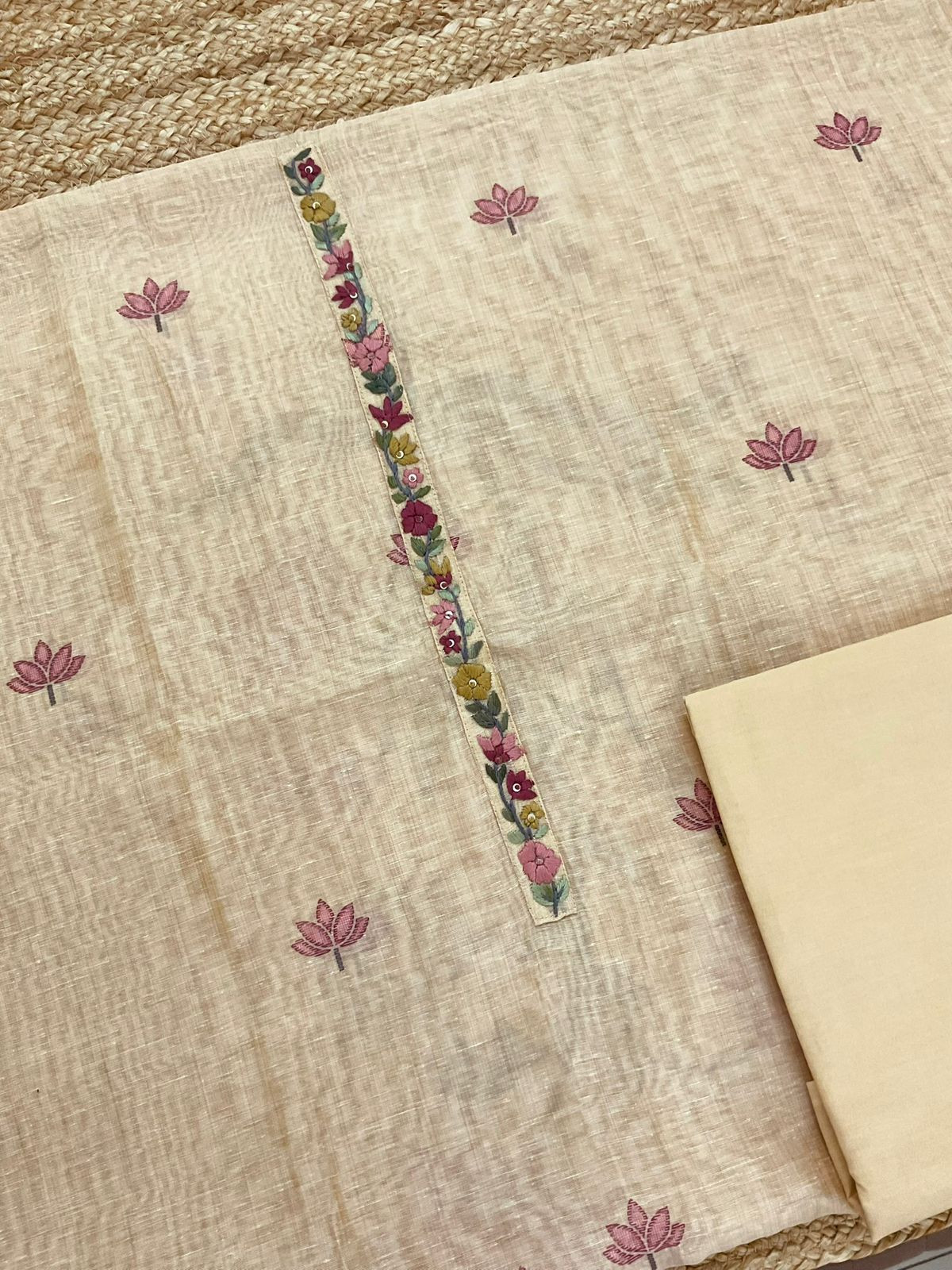 Soft Slub Chanderi Printed Embroidered Suit - Beige