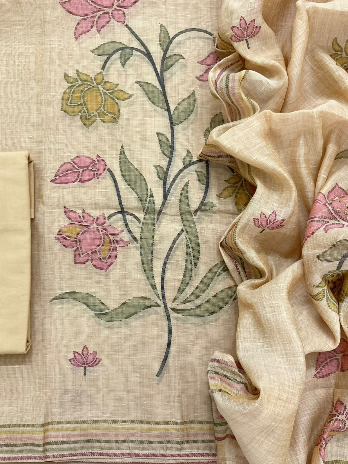 Soft Slub Chanderi Printed Embroidered Suit - Beige