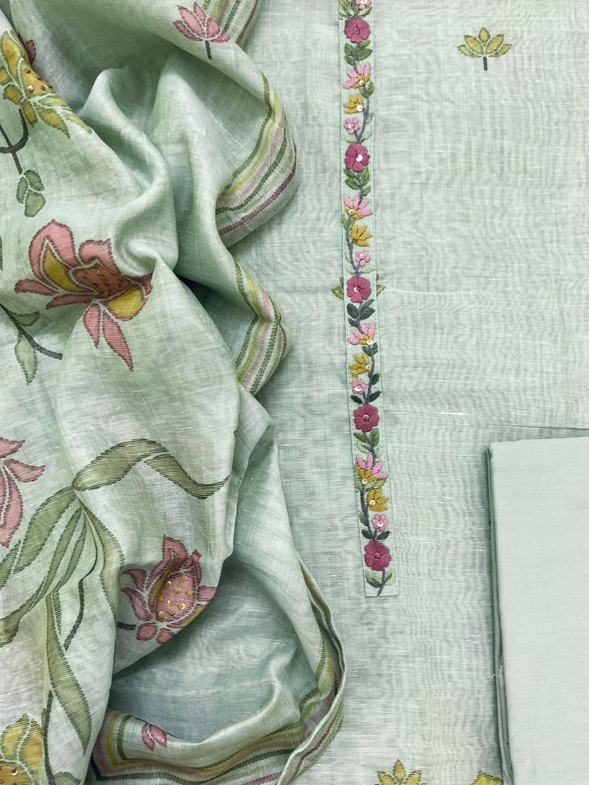 Soft Slub Chanderi Printed Embroidered Suit - Sea Green