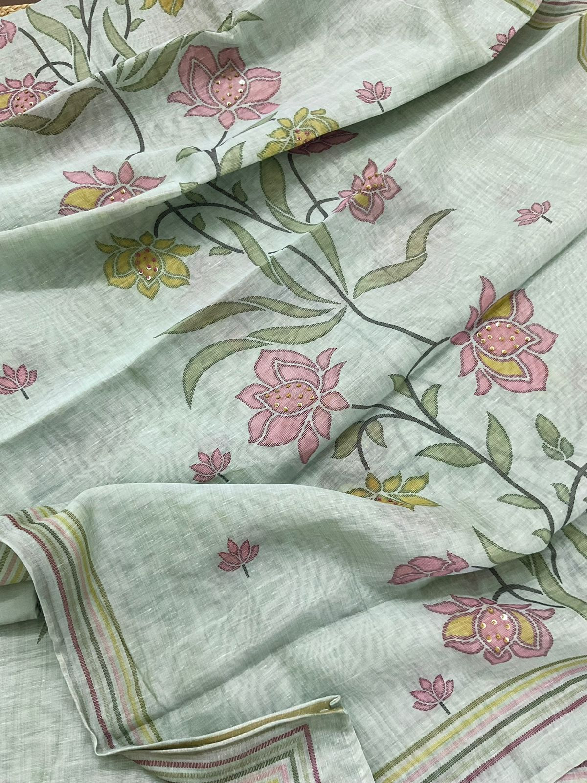 Soft Slub Chanderi Printed Embroidered Suit - Sea Green