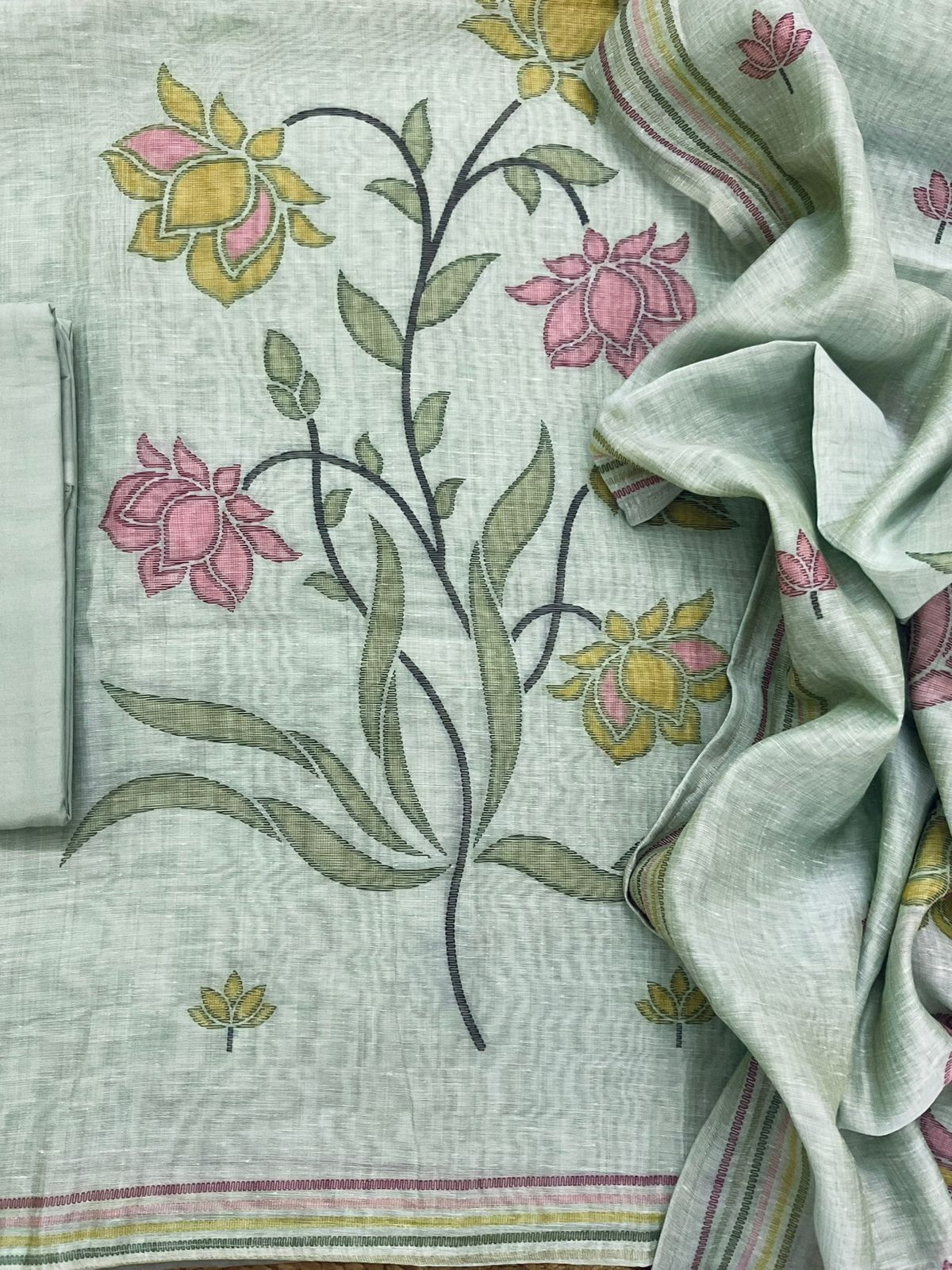 Soft Slub Chanderi Printed Embroidered Suit - Sea Green