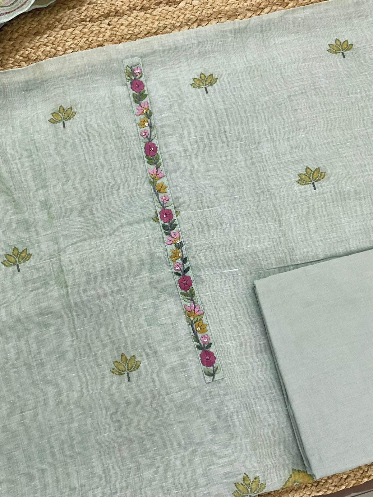 Soft Slub Chanderi Printed Embroidered Suit - Sea Green