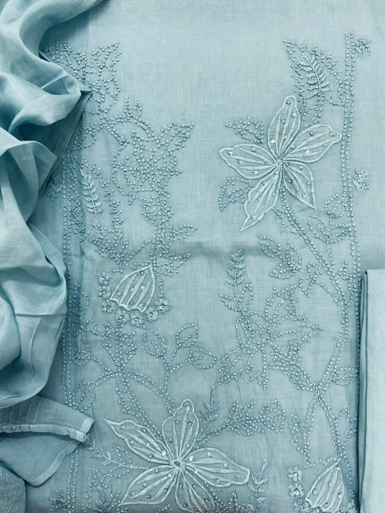 Image of Pure Chanderi Embroidered Suit - Blue