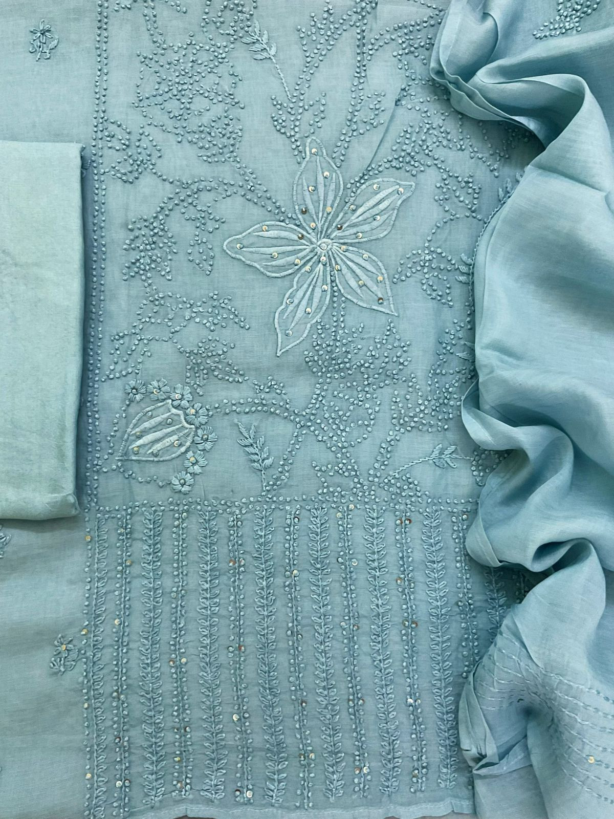 Pure Chanderi Embroidered Suit - Blue