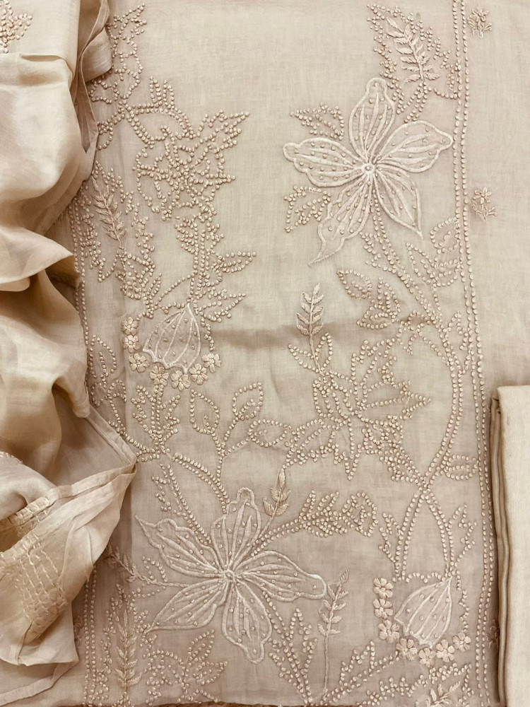 Image of Pure Chanderi Embroidered Suit - Beige