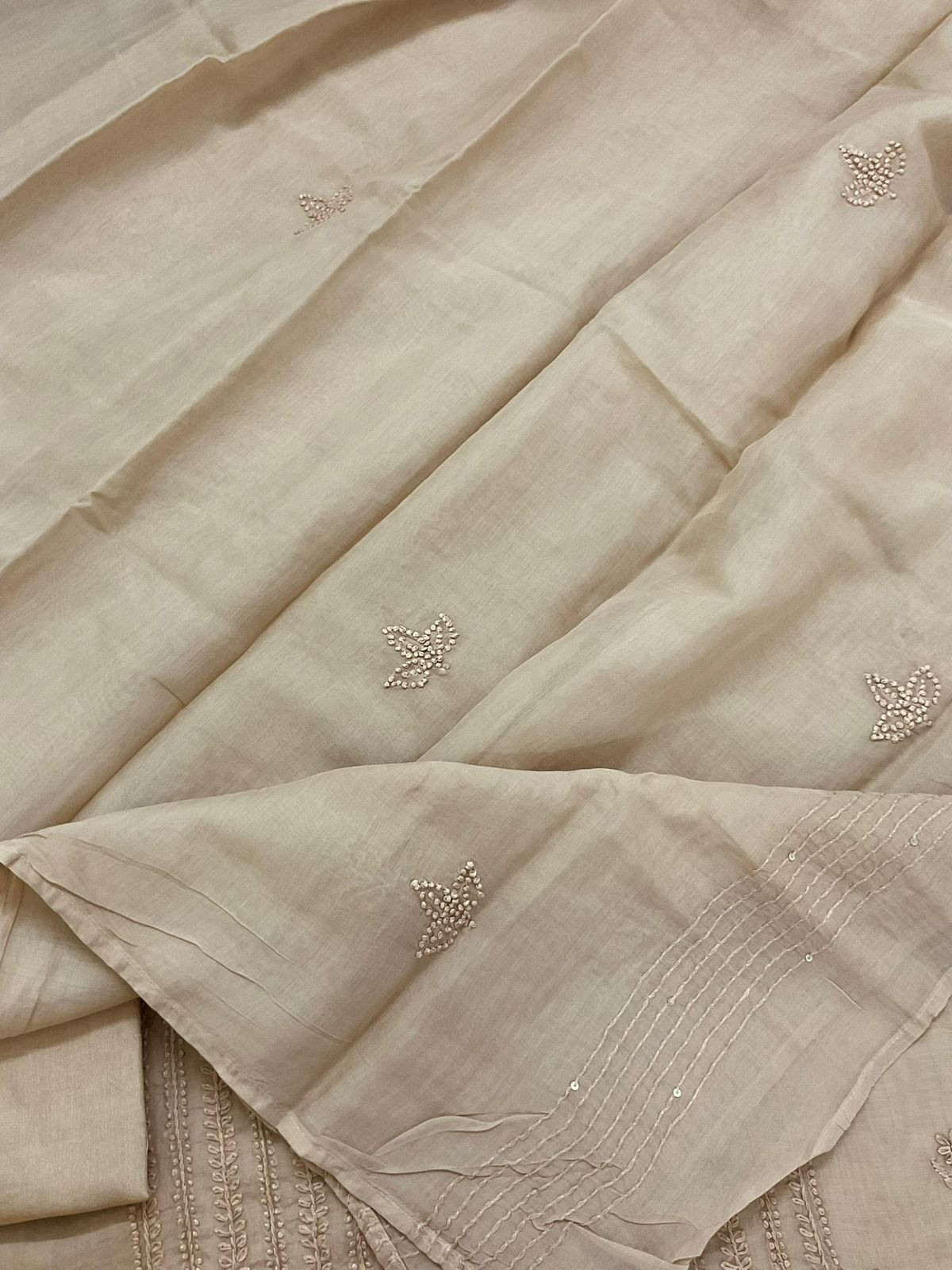 Pure Chanderi Embroidered Suit - Beige